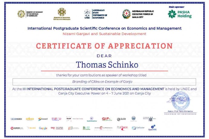 III INTERNATIONAL POSTGRADUATE CONFERENCE ON ECONOMICS AND MANAGEMENT held by UNEC (Azerbaijan State University of Economics) and Ganja City Executive Power on 4 – 7 June 2021 on Ganja City.